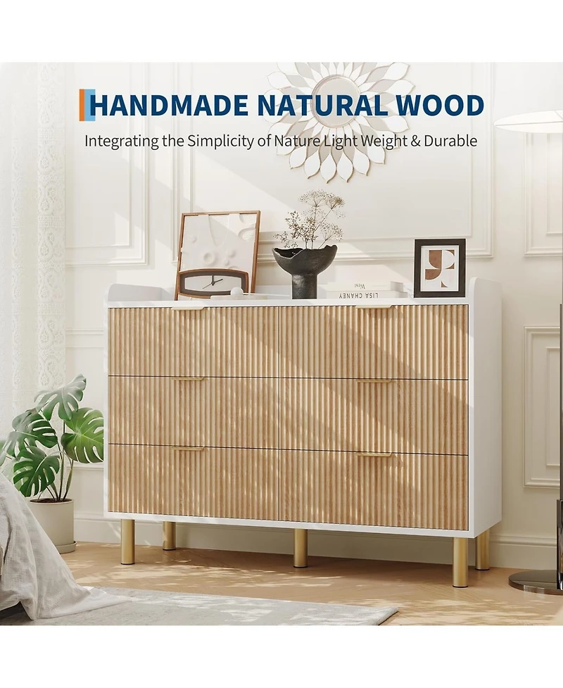 gaomon Fluted Double Dresser for Bedroom, Curved Wooden Chest with Metal Handles & Wide Storage