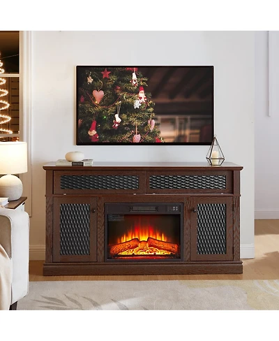 Streamdale Furniture Embossed Pattern Tv Stand with 23" Fireplace, Media Console, Dark Cherry, 58.27"W
