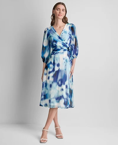 Dkny Women's 3/4-Balloon-Sleeve Surplice Neck Knot Front Midi Dress