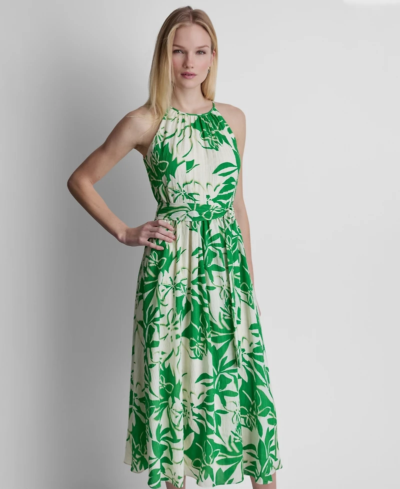 Dkny Women's Sleeveless Halter Neck Belted Fit and Flare Maxi Dress