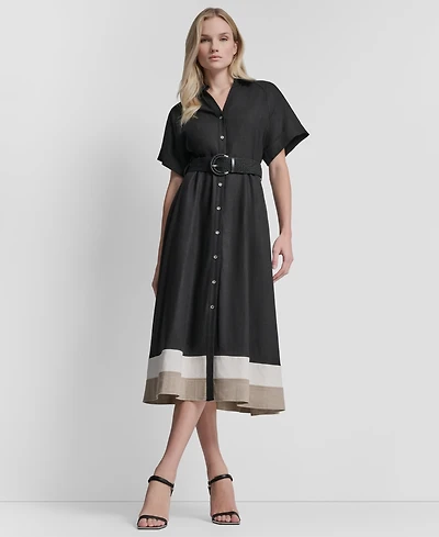 Dkny Women's Short-Sleeve Collared Neck Buckle Belt Midi Shirt Dress