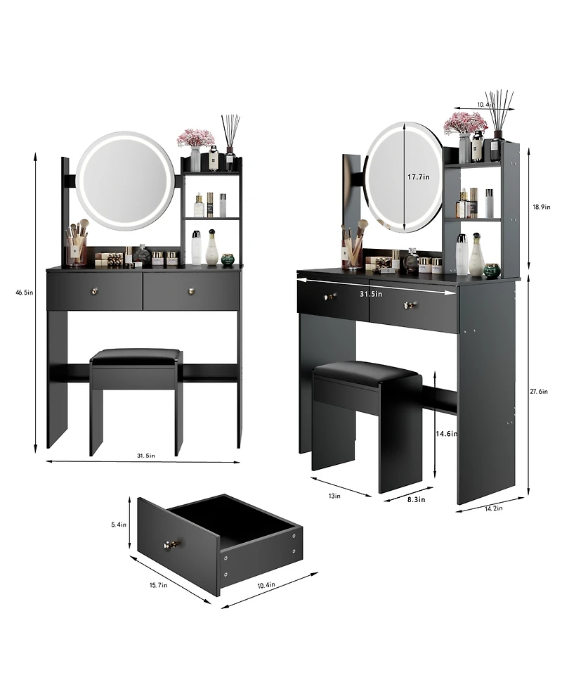 Flynama Space Saving Small Led Vanity Table with Basic Mirror White and Cushioned Stool Makeup