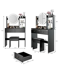 Flynama Space Saving Small Led Vanity Table with Basic Mirror White and Cushioned Stool Makeup