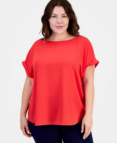 Jones New York Plus Button-Trim Short-Sleeve Top