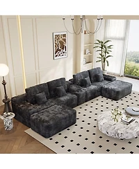 Streamdale Furniture 150" Sectional Sofa with 2 Ottomans, Black Corduroy, U-Shaped Couch