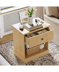 gaomon Fluted Nightstand with Drawer, Mid Century Modern Bedside Table Light Wood Nightstand with Storage