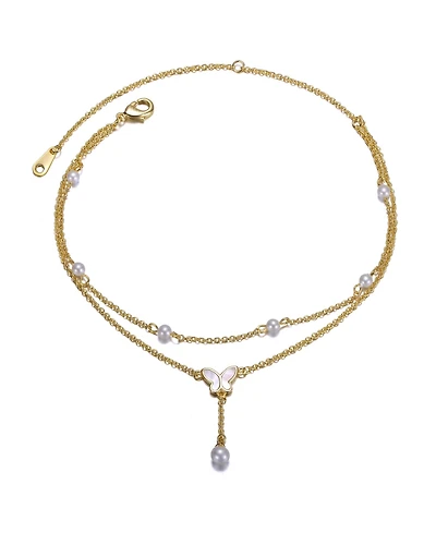 14K Gold Plated Double Layer Pearl and Butterfly Anklet