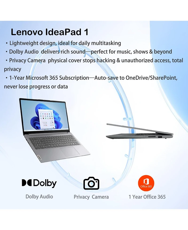 Lenovo IdeaPad 1 15.6" Traditional Laptop Intel Core i5 16GB Ram Intel Iris Xe Graphics 256GB Ssd Storage Windows 11 Home 60Hz
