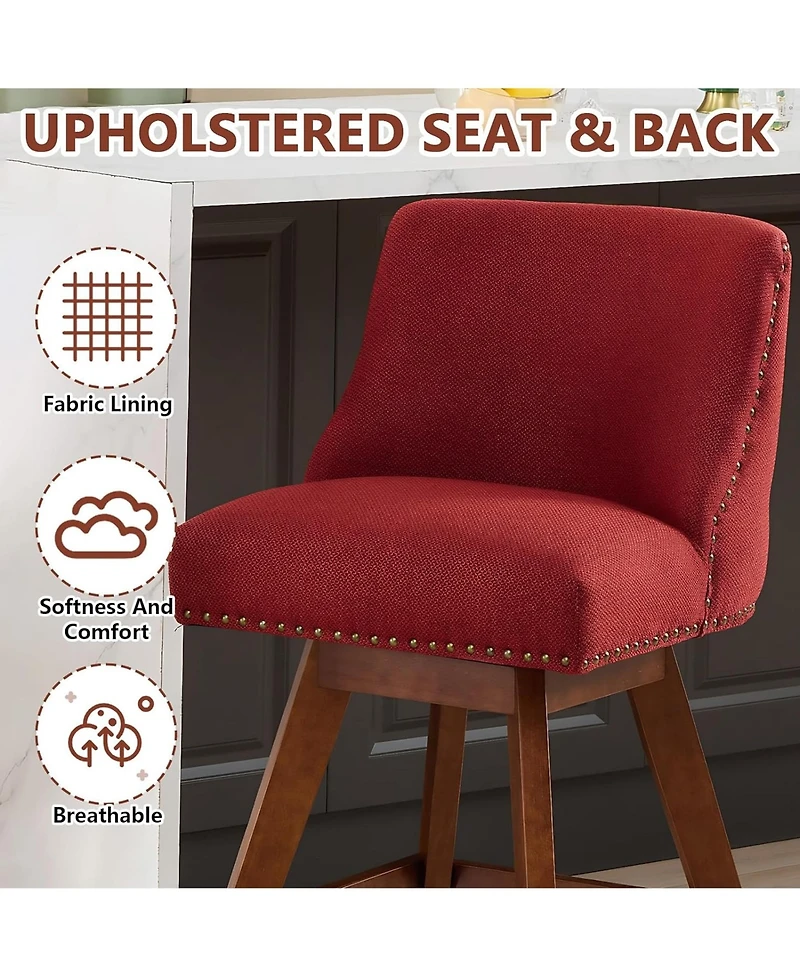 Rainsken Swivel Bar Stools Set of 2, Modern Upholstered Counter Height Chairs with Wooden Legs and Nailhead Trim for Kitchen Island
