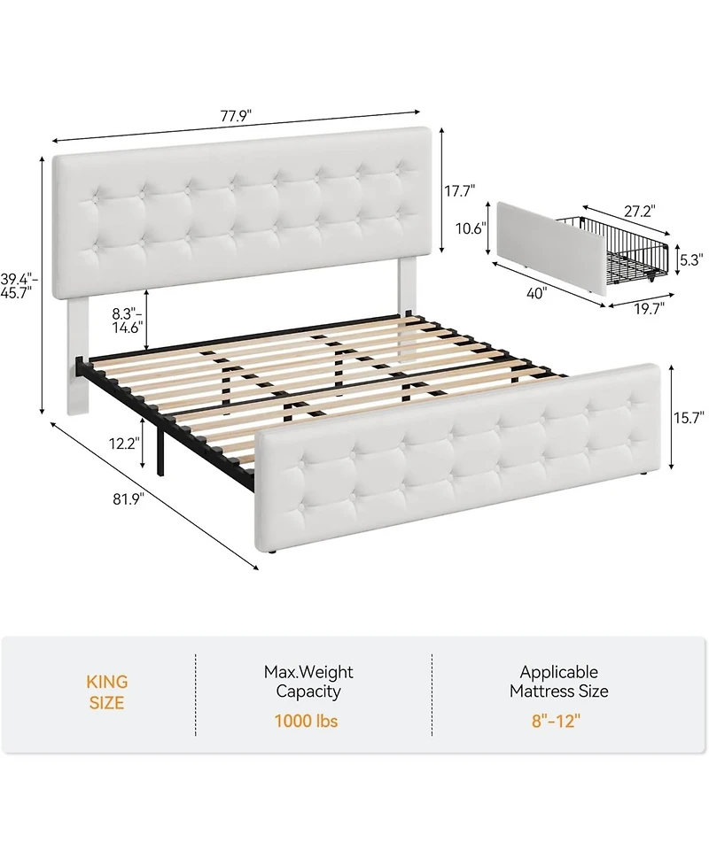 gaomon King Bed Frame With 4 Drawers Faux Leather Headboard Button Design Wood Slats No Box Spring
