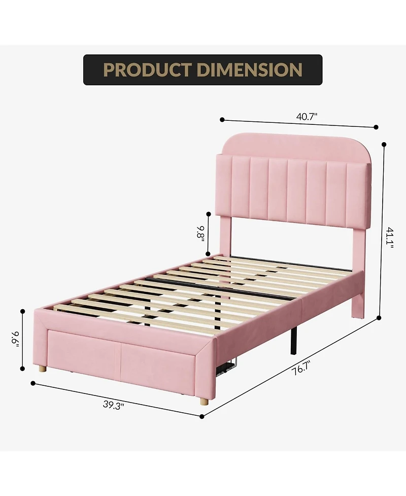 gaomon Twin Bed Frame Velvet Platform Bookcase Headboard Kids Girls Steel Legs Easy Build Noise Free