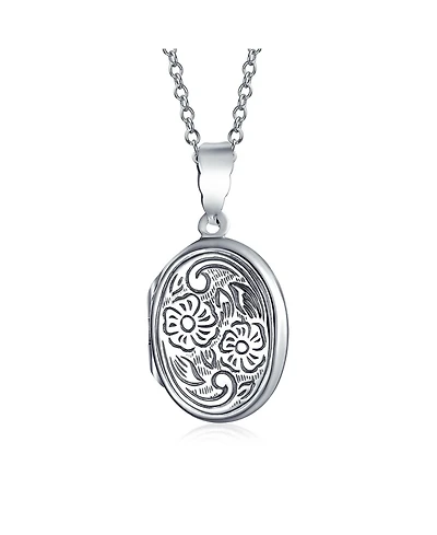 Bling Jewelry Embossed Floral Sunflower Photo Oval Locket Necklace Pendant Sterling Silver