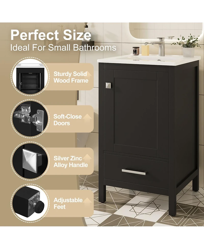 Sillysis 20" Modern Freestanding Bathroom Vanity with Ceramic Sink, Solid Wood Frame and Soft Close Door for Small Spaces