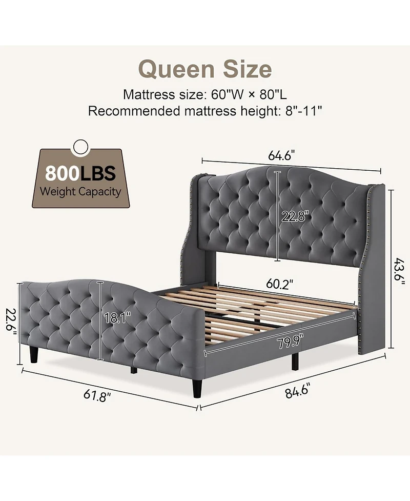 gaomon Queen Bed Frame with Upholstered Velvet Headboard, Tufted & Nailhead Trim, Wingback Design, Noise Free