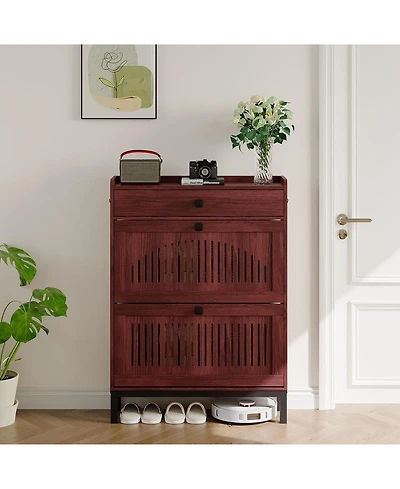 gaomon Shoe Storage Cabinet with 2 Flip Drawer, Shoes Organizer with with Top Drawer,Hollow Out Panel & Square Handles
