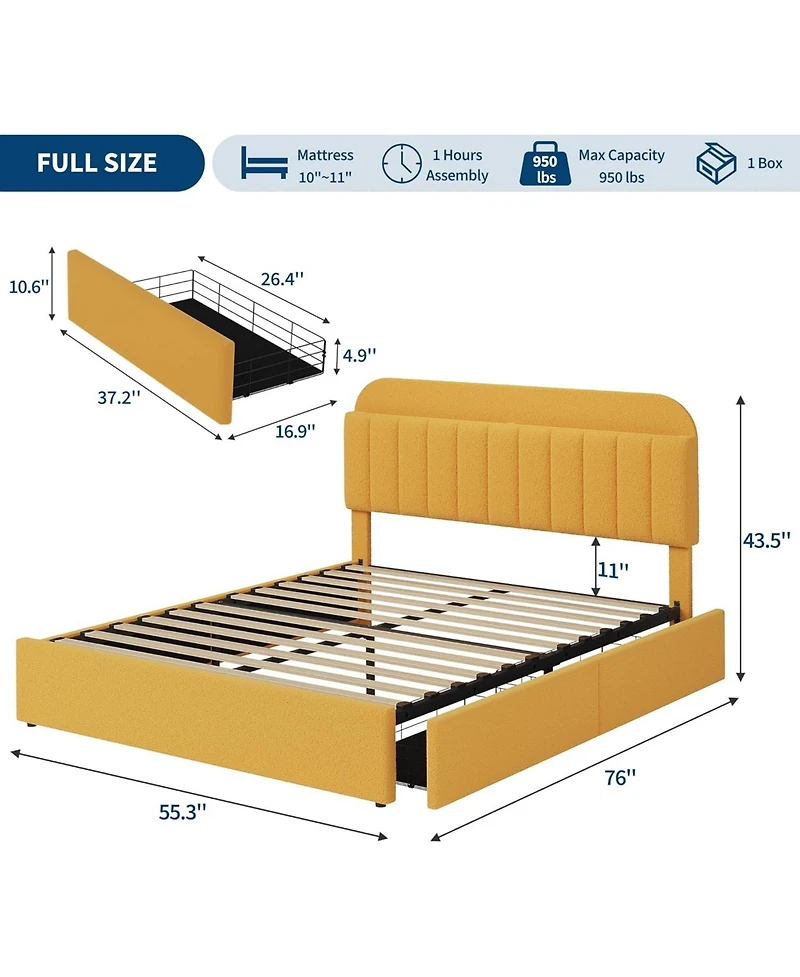 gaomon Bed Frame Storage Headboard Boucle Upholstered Platform 2 Drawers Bookcase Wood Slats No Box Spring.