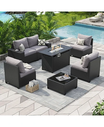 Aoxun 7-Piece Black Wicker Outdoor Sectional Sofa Set with Gray Cushions with 44" Propane Fire Pit Table