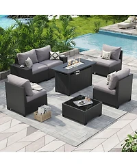 Aoxun 7-Piece Black Wicker Outdoor Sectional Sofa Set with Gray Cushions with 44" Propane Fire Pit Table