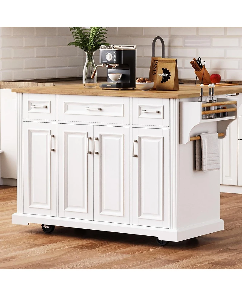 Streamdale Furniture 54" White Kitchen Island with Drop Leaf, 4 Doors, 3 Drawers, on Wheels