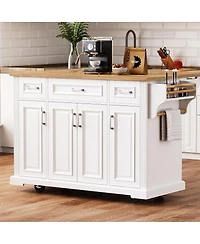 Streamdale Furniture 54" White Kitchen Island with Drop Leaf, 4 Doors, 3 Drawers, on Wheels