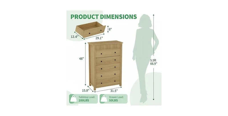 gaomon 5 Drawer Tall Dresser for Bedroom