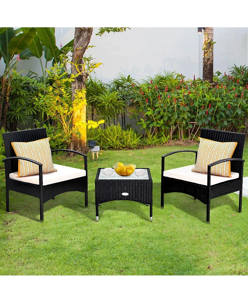 3 Pcs Furniture Set Table & 2 Chair Patio Wicker Rattan W/Cushion