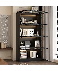Homsee Modern Wood 4-Shelf Bookcase with Doors and 3-Color Led Lights
