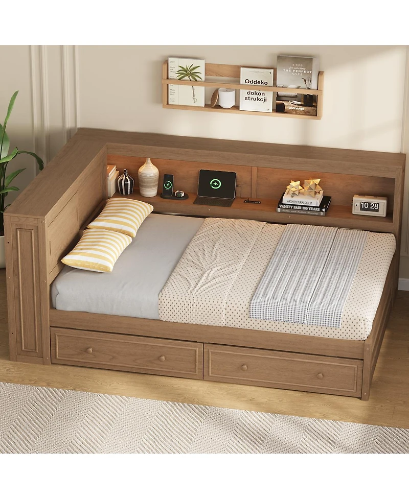 Streamdale Furniture Full Size Wood Daybed with Storage, Usb, Led, and 2 Drawers