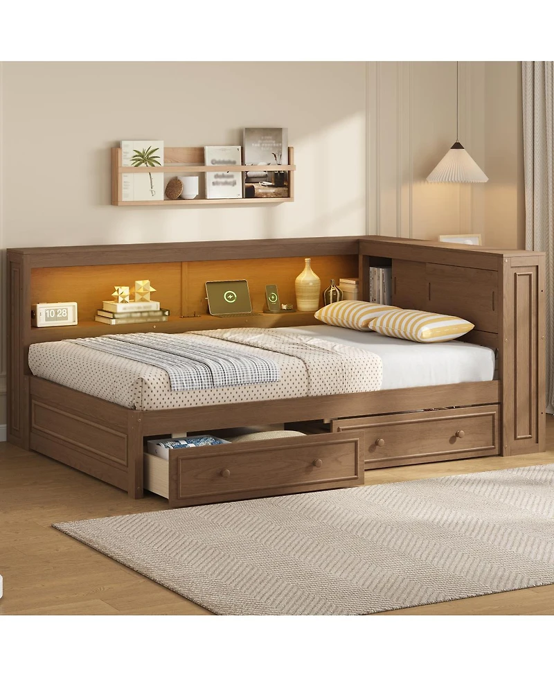 Streamdale Furniture Full Size Wood Daybed with Storage, Usb, Led, and 2 Drawers