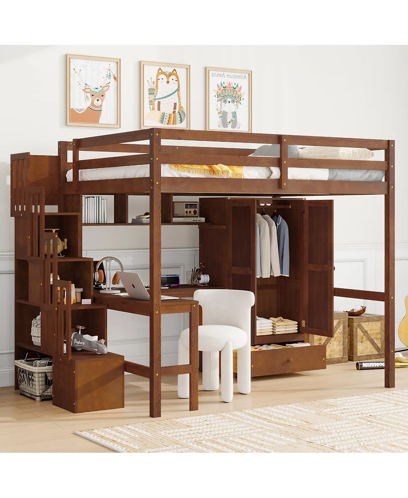 Streamdale Furniture Full Size Walnut Loft Bed with Desk, Shelves, Wardrobe & Stairs