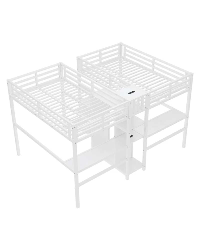 Streamdale Furniture Twin Over Twin Metal Loft Bed with Double Desk, Wardrobe, Shelves & Outlet
