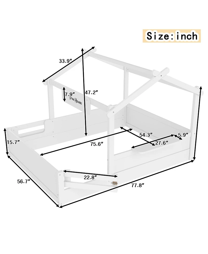 Streamdale Furniture Full Size Floor Bed with Guardrails, Roof, Tray & Signboard