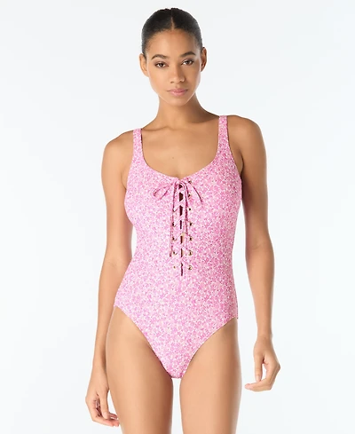 Michael Kors Women's Lace Front Printed One-Piece Swimsuit
