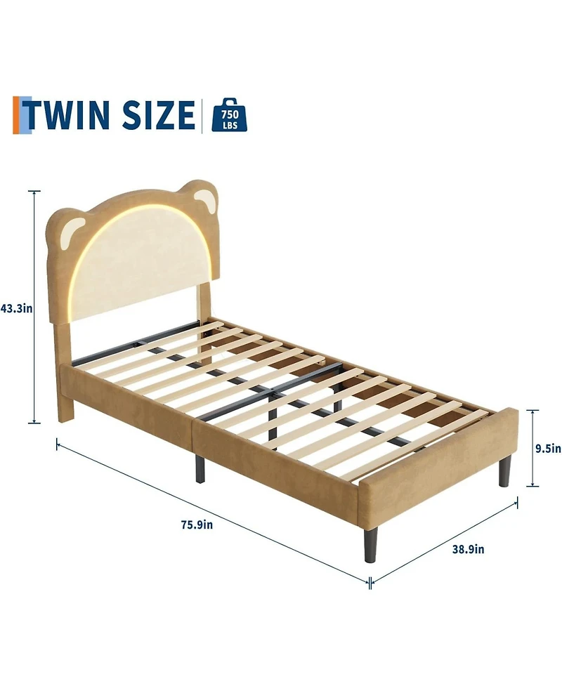 gaomon Twin Bed Frame for Kids Upholstered Adjustable Headboard Led Light Wood Slats No Box Spring Coffee
