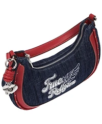 True Religion Wing Motif Denim Hobo Bag with Red Trim