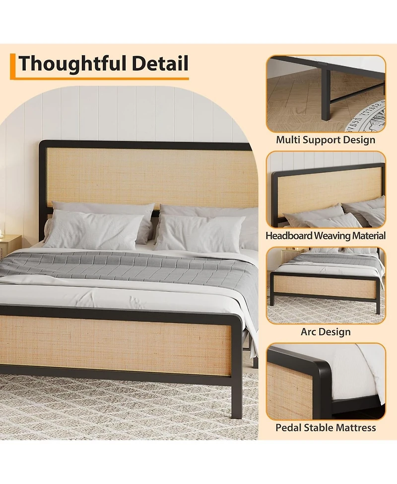 gaomon Queen Platform Bed Frame With Rattan Headboard and Footboard Rounded Corners Metal Slats Enhanced Stability