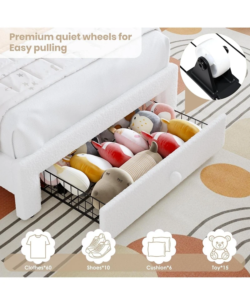 gaomon Bed Frame for Kids Boucle Platform Led Rainbow Headboard Storage Drawer Berber Fleece Sturdy Wood Slats