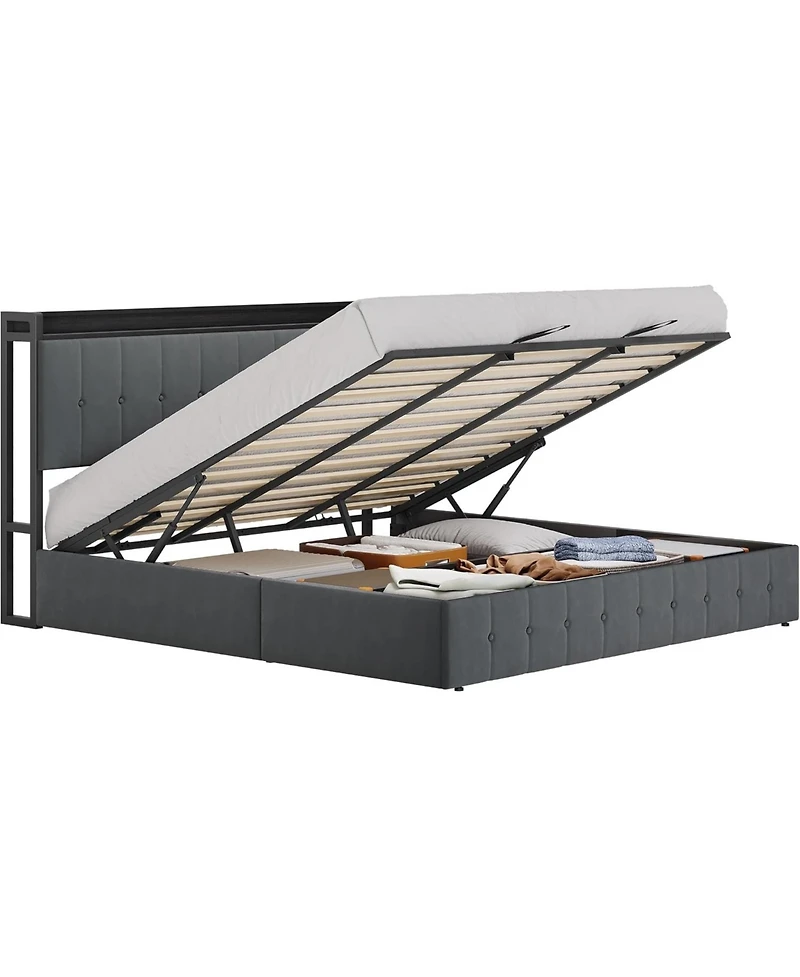 gaomon King Hydraulic Lift Up Storage Upholstered Bed Frame Button Headboard Heavy Metal Platform Wood Slats Noise