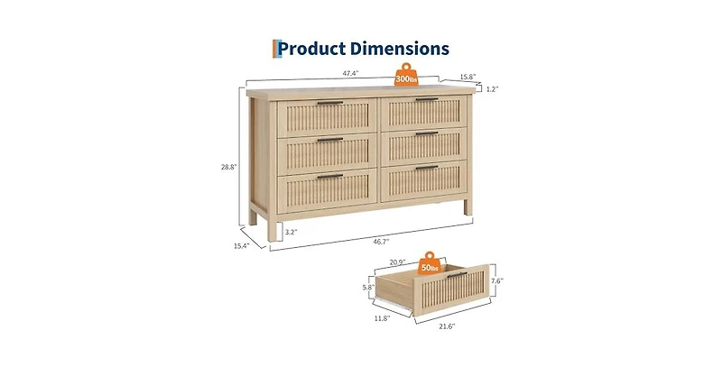 gaomon Fluted Dresser for Bedroom, 28.8'' Tall Chest of Drawers with 6 Storage Drawers, Modern Wood Clothing Organizer Cabinet