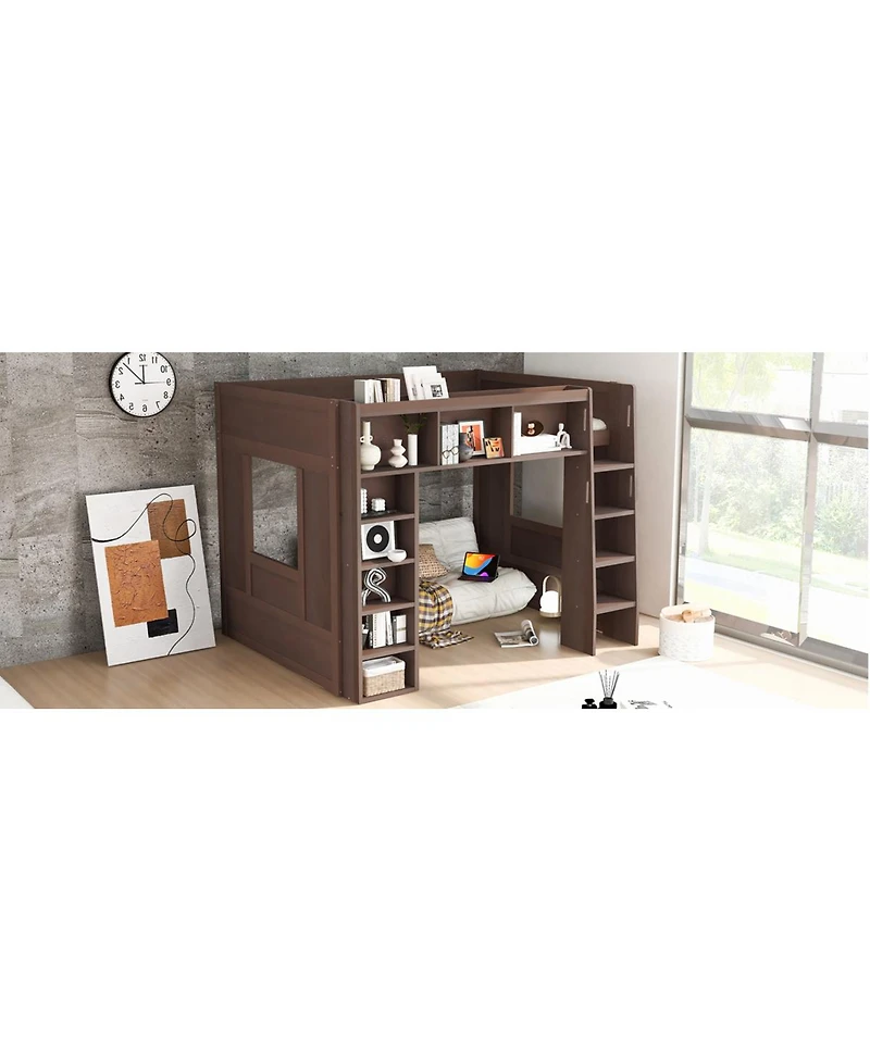 Streamdale Furniture Queen Size Wooden Loft Bed with Storage Cabinets and Shelves