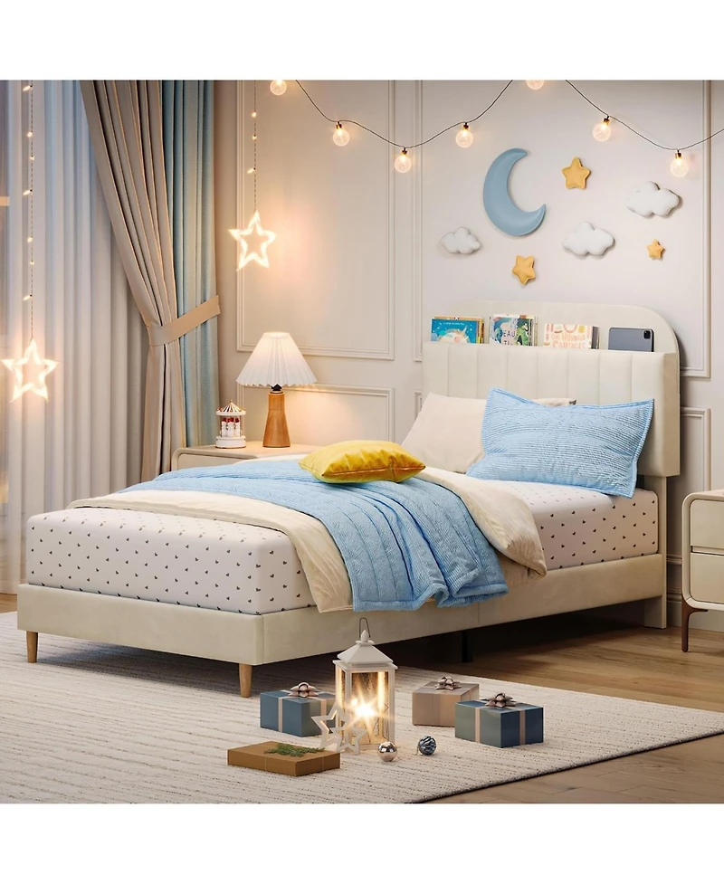gaomon Bed Frame Storage Headboard Velvet Upholstered Platform Bed Kids Wood Slats Noise Free