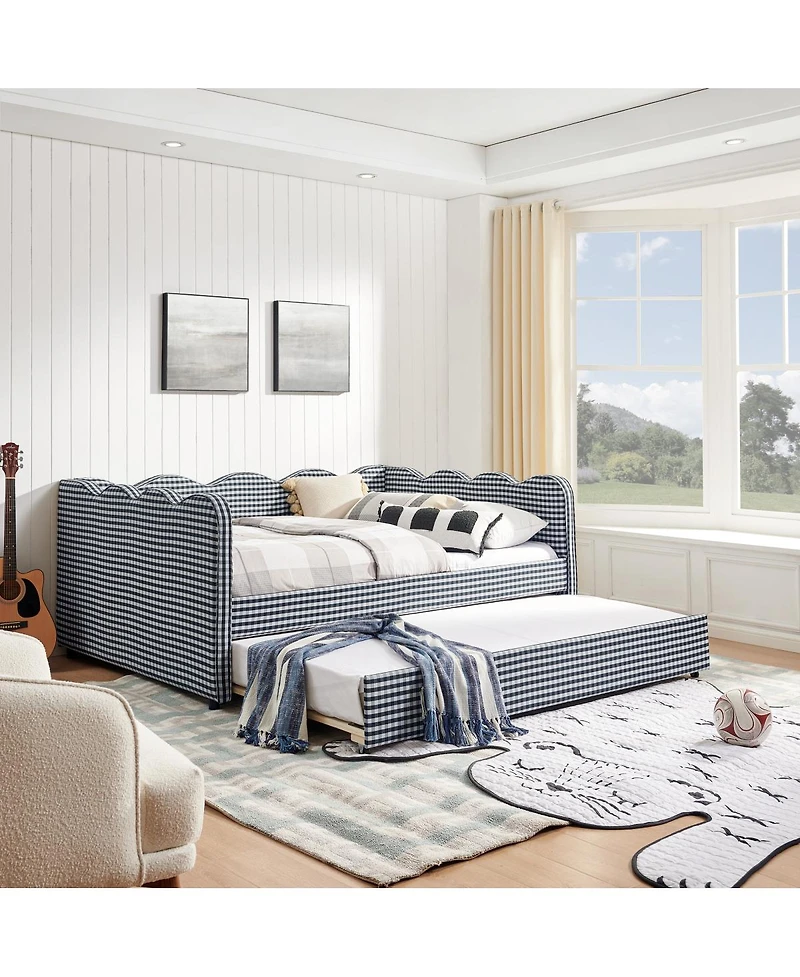 Streamdale Furniture Cozy Gingham Daybed with Twin Trundle, Usb Port, Linen Fabric