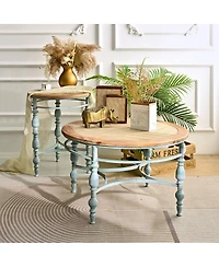 Streamdale Furniture Rustic Wooden Carved Coffee Table, Round End Table For Living Room