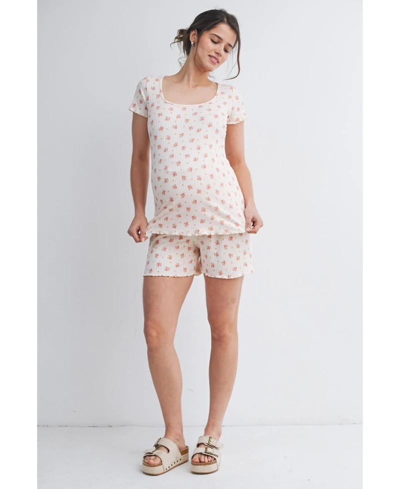 Hello Miz Maternity Ribbed Floral Lounge Set with Shorts and Top