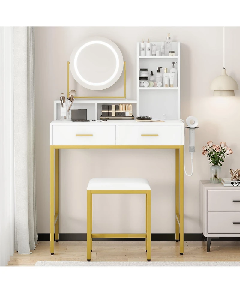 gaomon Makeup Vanity Set with Rotating Lighted Mirror, Stool, 2 Drawers and Power Outlet
