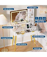 gaomon Mid-Century Modern Makeup Vanity Desk with Lighted Mirror, 2 Drawers and Cabinet