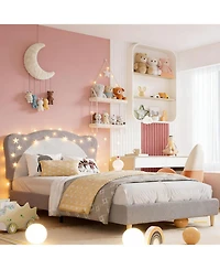 gaomon Upholstered Platform Bed for Kids Velvet Princess Panda Headboard Wood Slats No Box Spring