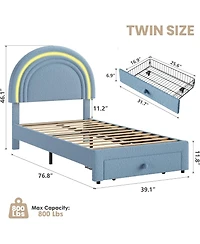 gaomon Bed Frame Led Headboard Underbed Drawer Metal Platform Bed Girls Lamb Fleece Wood Slats No Box Spring