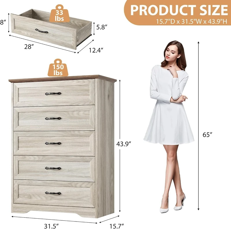 gaomon Farmhouse 5-Drawer Tall Dresser with Wide Metal Handles, Natural Wood Storage Chest for Bedroom & Living