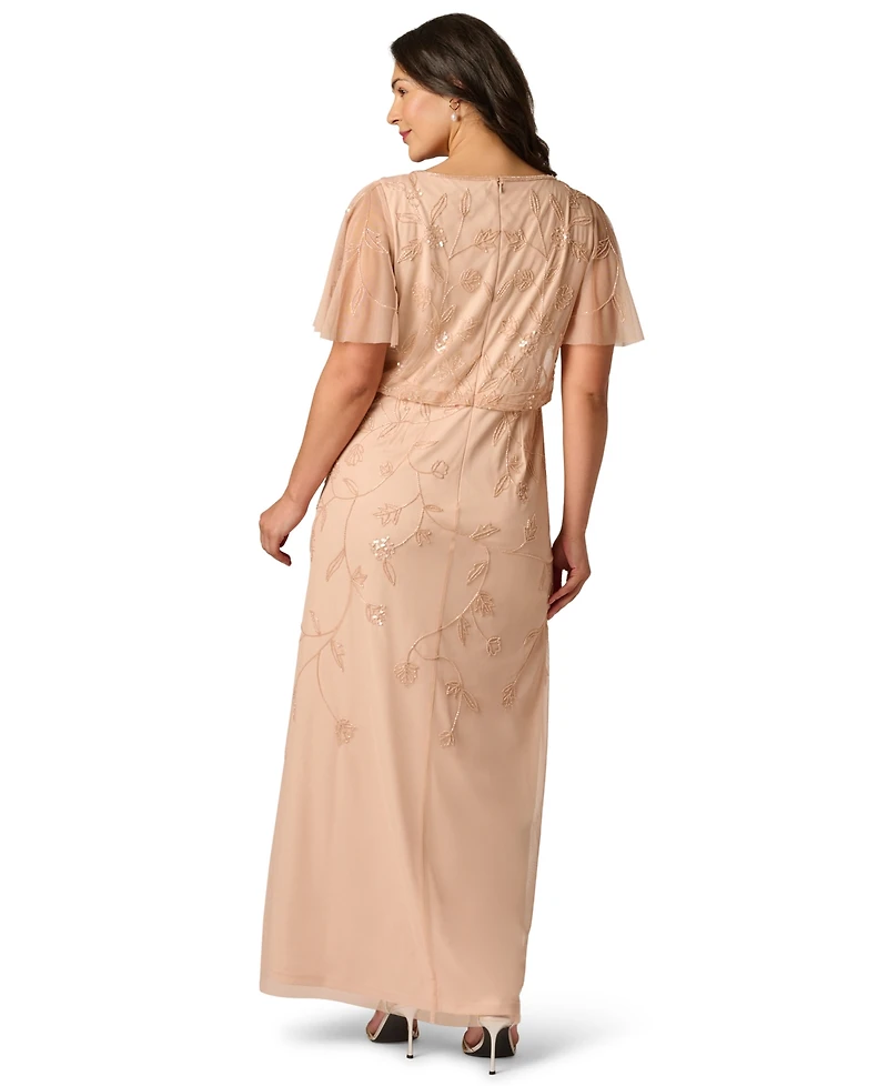 Adrianna Papell Plus Boat Neck Beaded Cocktail Ball Gown